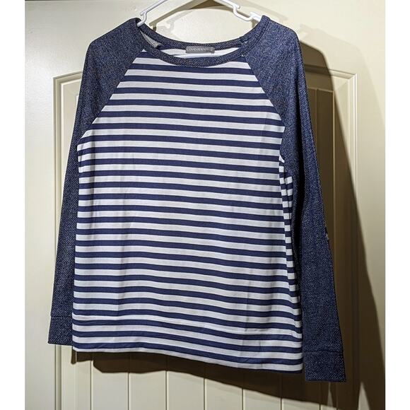 Loveappella Malbec Elbow Patch Blue Striped Knit Top Womens Sz M - Picture 1 of 12